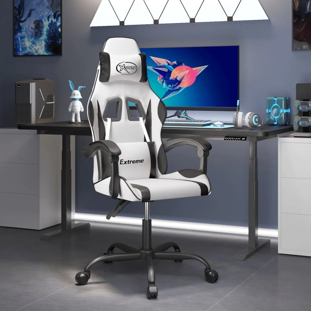 vidaXL Cadeira gaming giratória couro artificial branco e preto