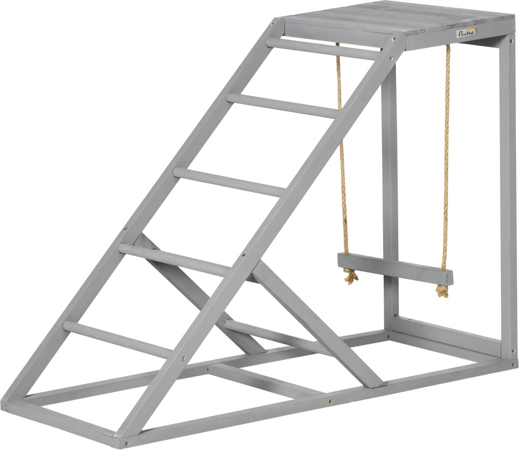 PawHut Poleiro de madeira para galinha, área de recreação em madeira para galinhas com balanço, escada, plataforma, 96 x 40 x 71 cm, cinza | Aosom Portugal