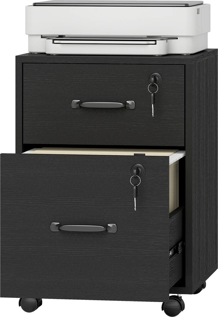 Bloco com 2 Gavetas escritorio, 40 x 40 x 54,1 cm, Com Rodas, Preto