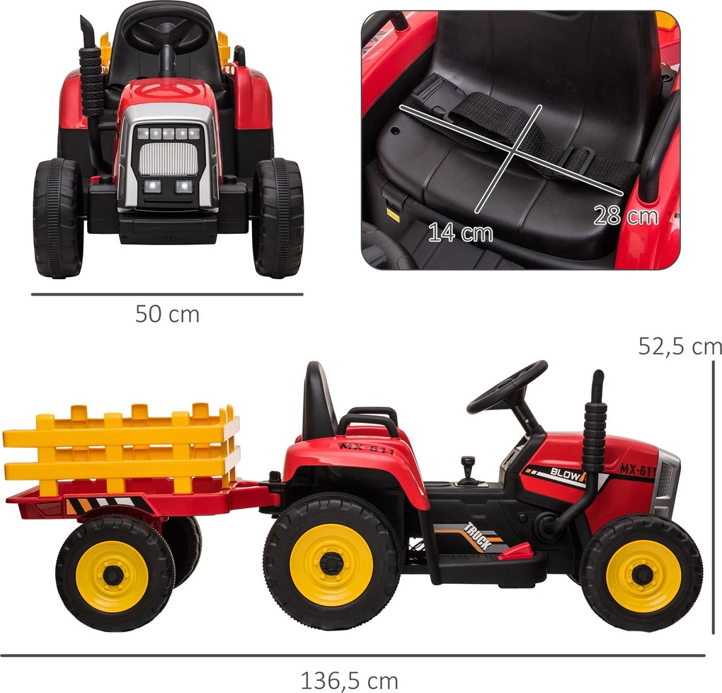 Trator Elétrico com Reboque Amovível com Controlo Remoto Música MP3 Luzes e Cinto de Segurança 136,5x50x52,5 cm Vermelho
