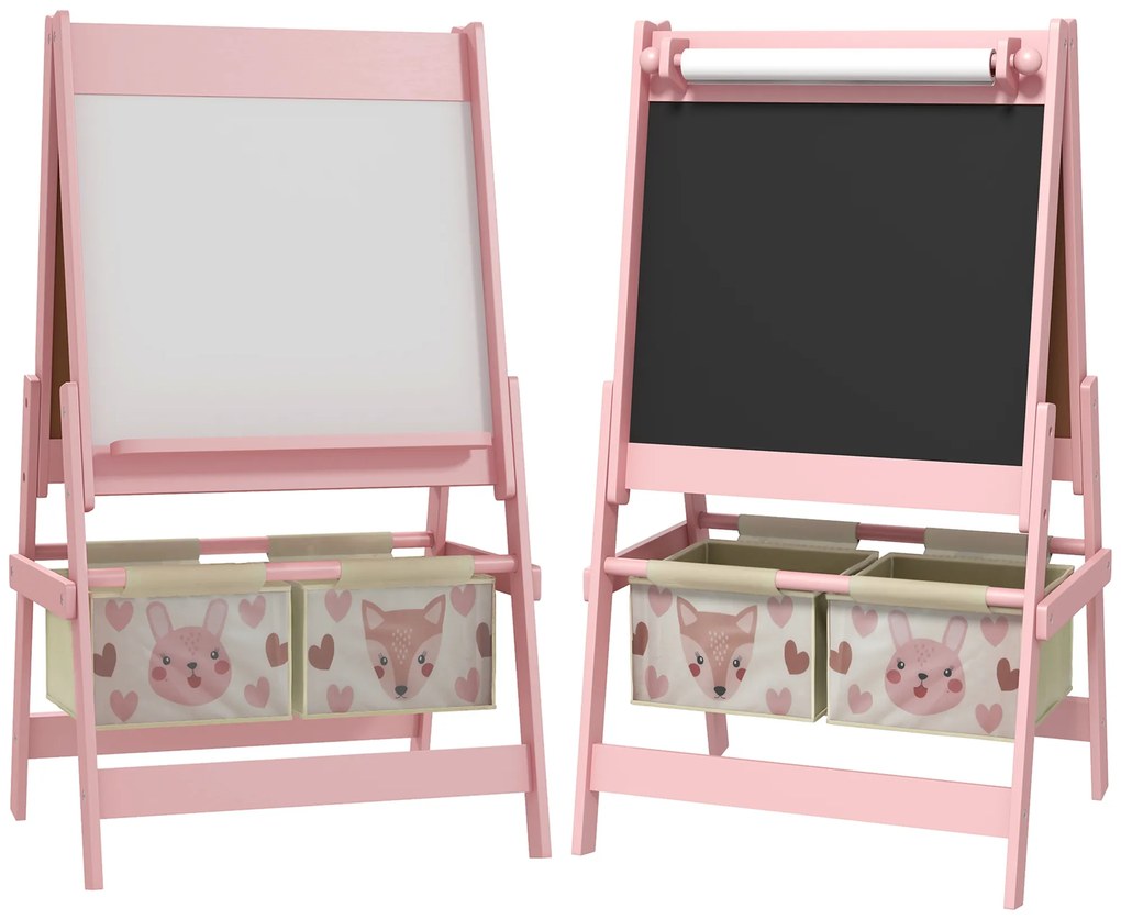 AIYAPLAY Cavalete para Crianças 3 em 1 Cavalete de Arte com Rolo de Papel Quadro e 2 Cestas de Armazenamento 54x46,5x93 cm Rosa