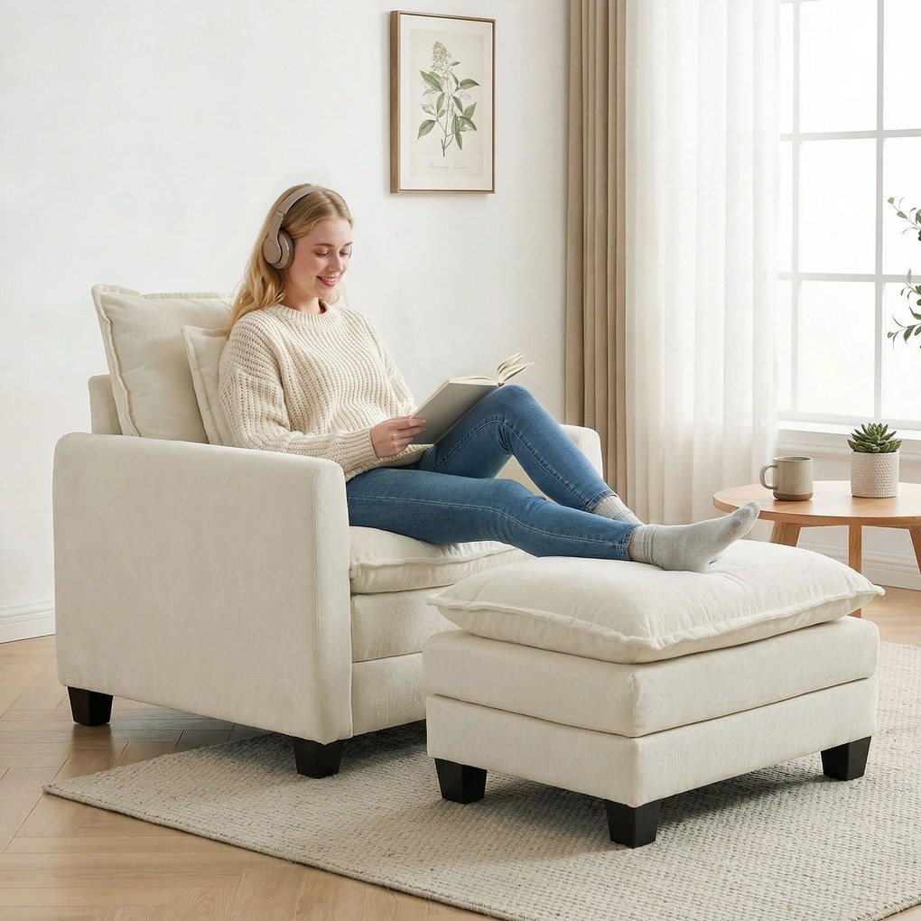 Poltrona de sala com apoio para os pés, sofá de 1 lugar em chenille, assento largo, estofamento de dupla camada, 85x128x86 cm, creme