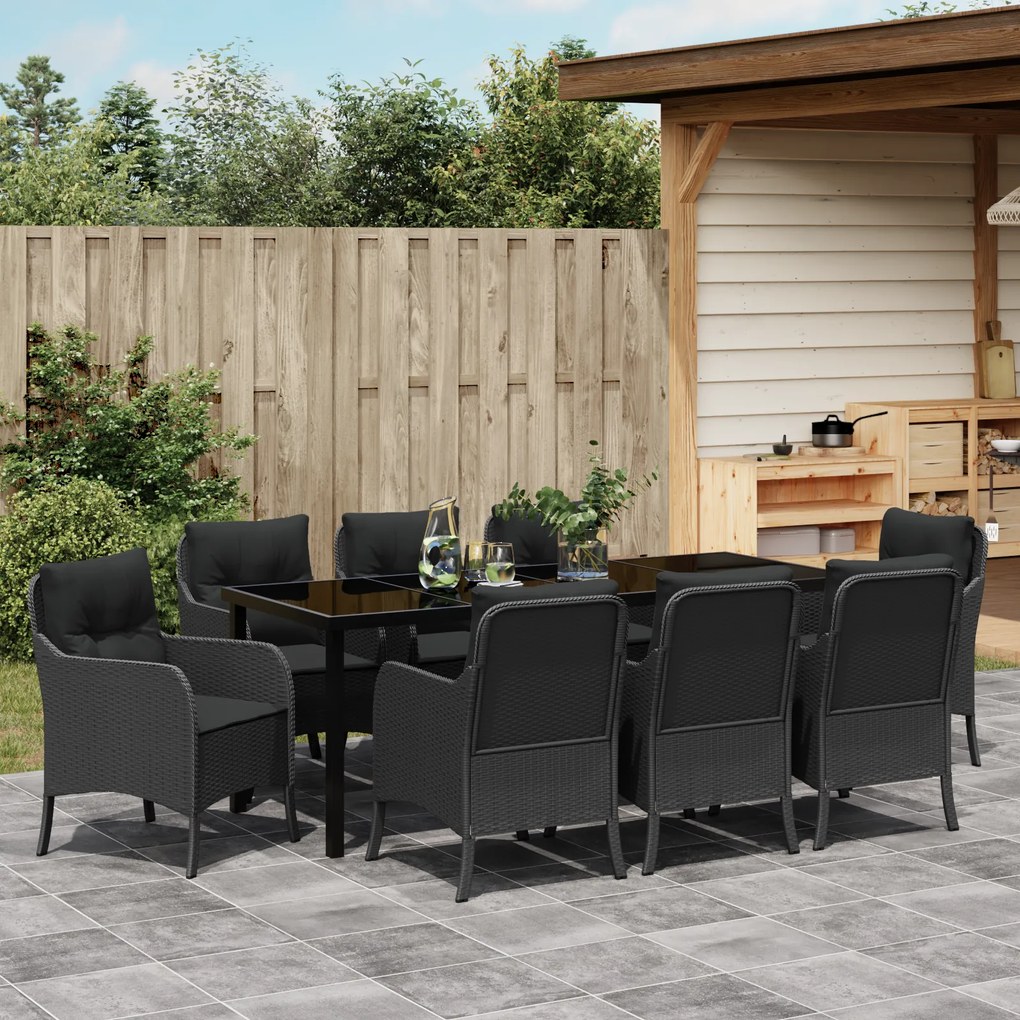 Conjunto de Jantar de Jardim com Almofadas Preto Rattan Poliéster