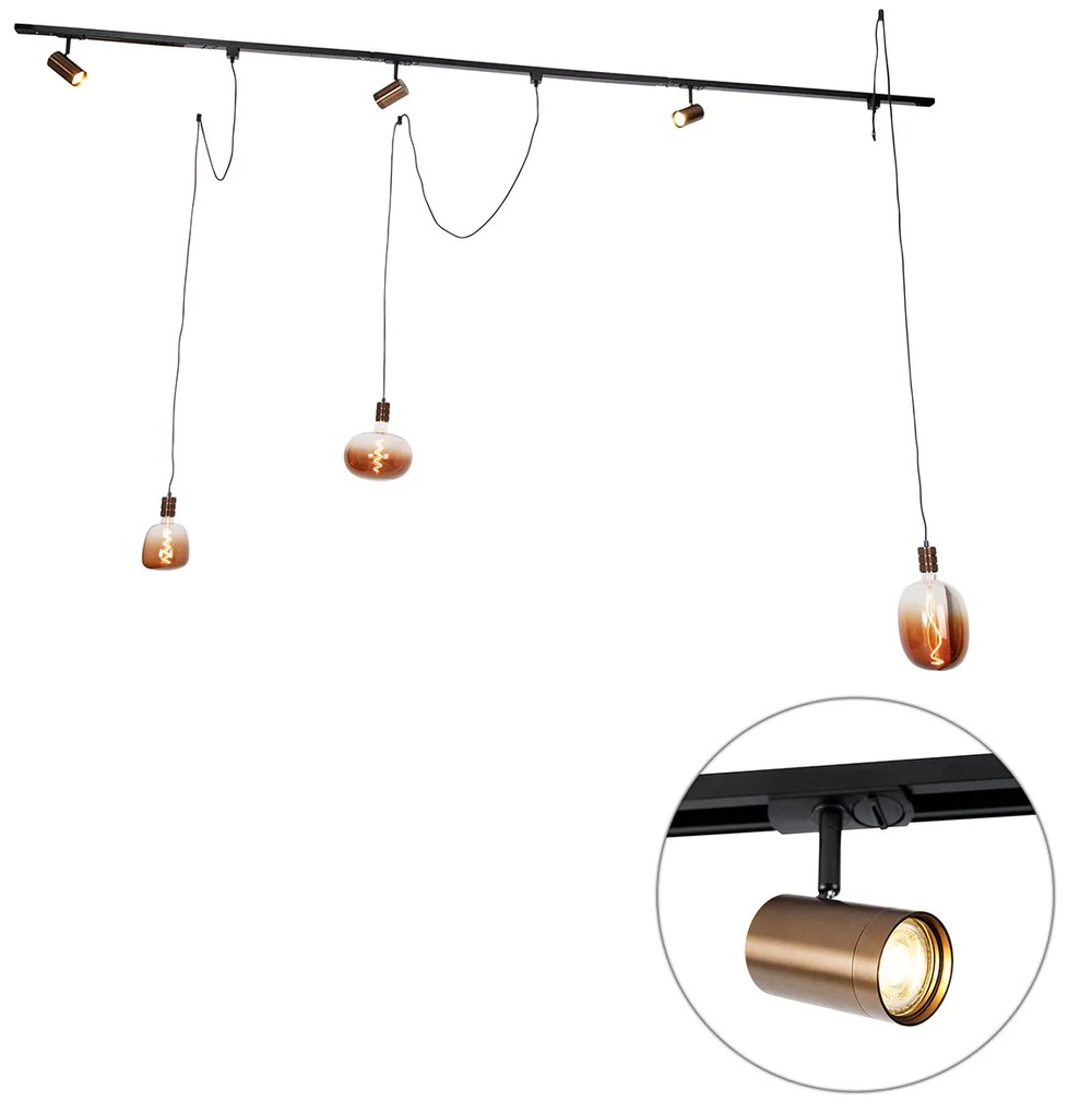 Sistema de calhas monofásico com 3 focos e candeeiros pendentes bronze escuro - Cavalux Jeana Moderno