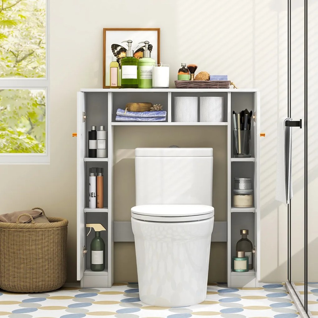 Estante para sanita Organizador de casa de banho com 2 portas e 2 compartimentos abertos 87,5 x 18 x 98 cm Branco