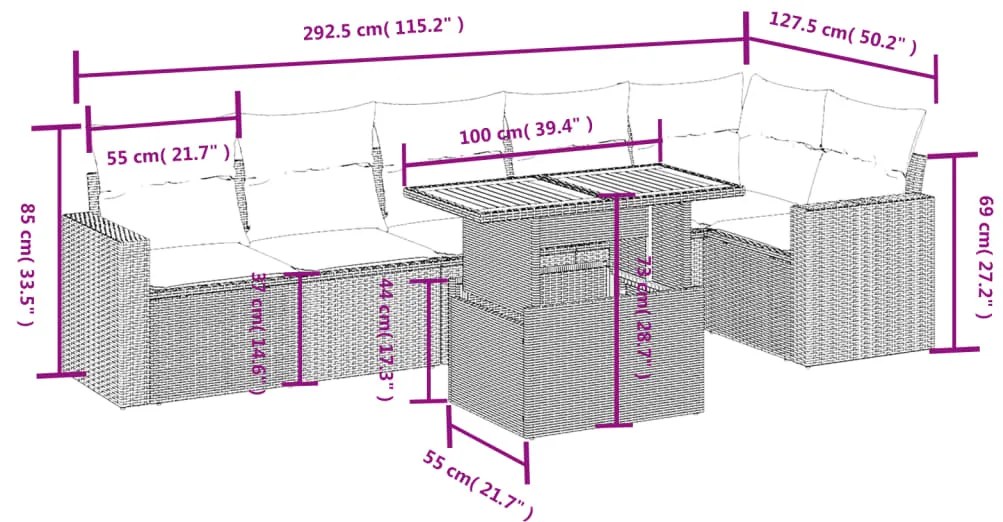 7 pcs conjunto de sofás p/ jardim c/ almofadões vime PE preto