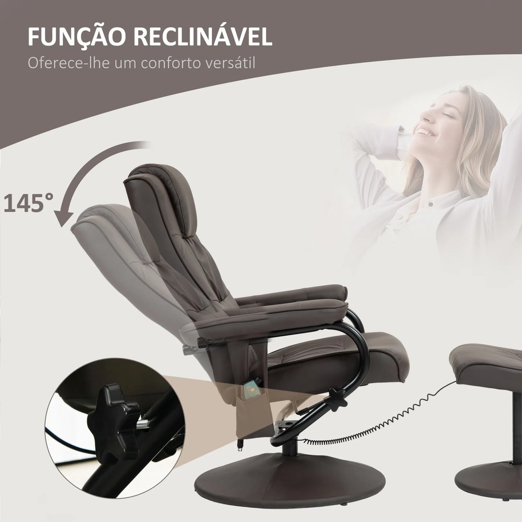 Poltrona de Massagem Elétrica com Banco para Apoiar os Pés Poltrona Relax Giratório Reclinável em até 145° com Controle Remoto e 10 Zonas de Massagem