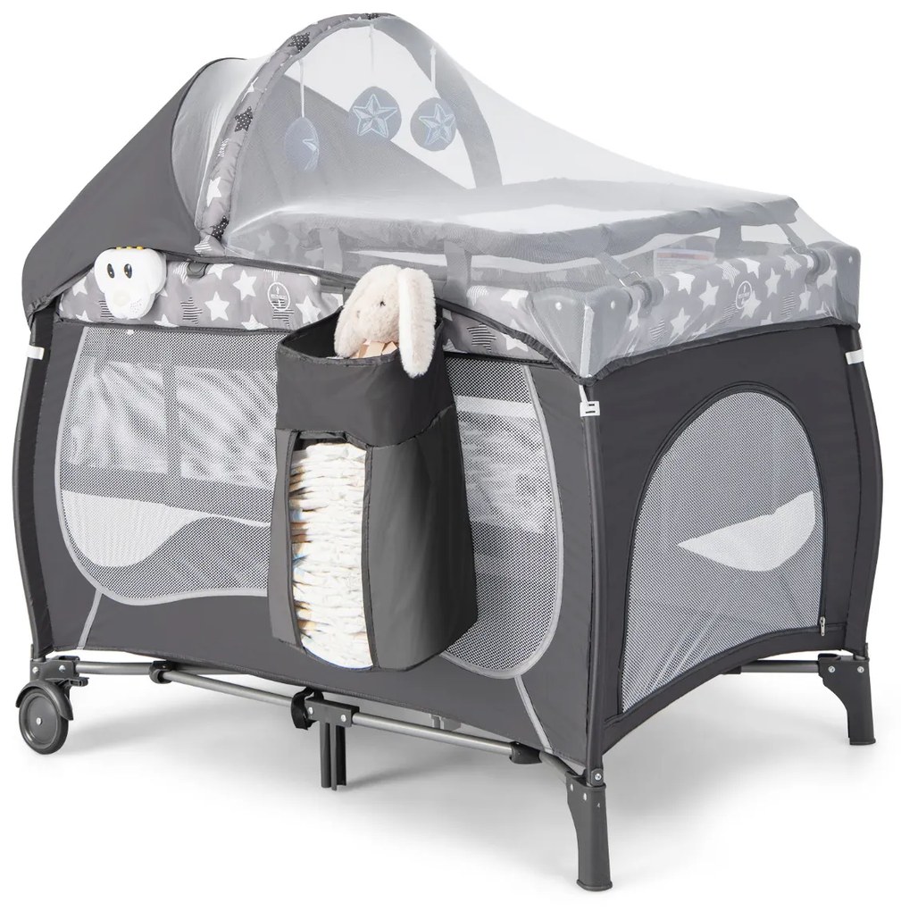 Berço de viagem dobrável 5 em 1 Centro de berçário portátil para bebés com Moisés Berço Trocador Toldo Música Rodas 102 x 72 x 74 cm Cinzento