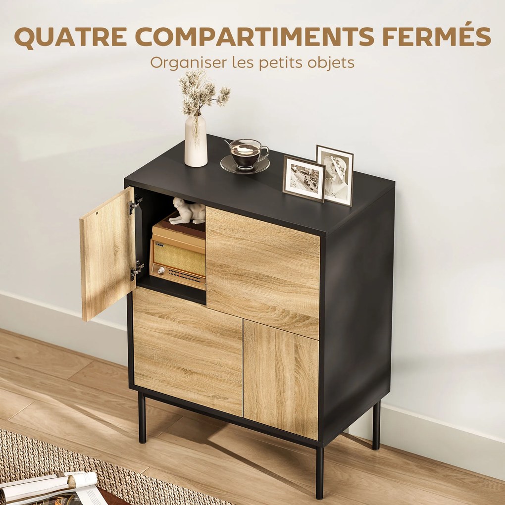 Aparador de sala 60 x 35 x 78 cm, móvel de arrumação, armário de cozinha com portas de empurrar e 4 armários de estilo moderno, preto, efeito de madei