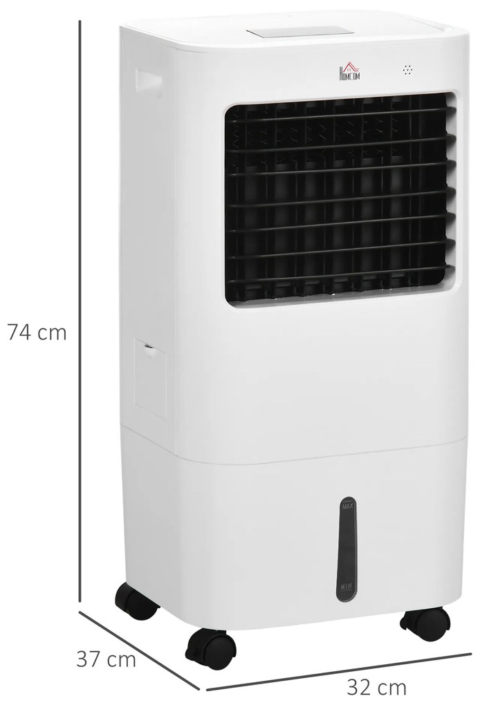 HOMCOM Climatizador de Ar Portátil Silencioso Climatizador Móvel 65W Humidificador Ventoinha com Ecrã LED Controlo Remoto Temporizador Oscilação 3 Velocidades 3 Modos 32x37x74 cm Branco