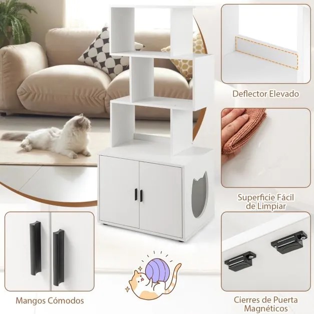 Móvel de caixa areira oculta para gatos com 3 prateleiras abertas, entrada lateral e portas 60 x 45,5 x 142 cm Branco