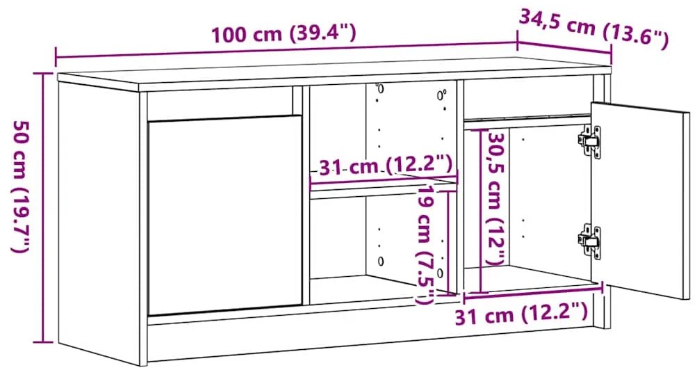 Armário para TV com Luzes de LED em Carvalho Preto, 100x34x50 cm, feit