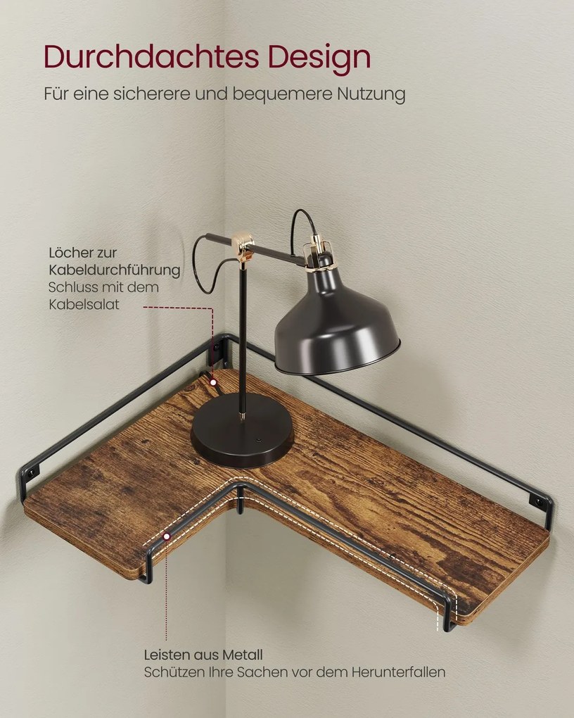 Conjunto de 3 prateleiras de parede em forma de L com design industrial em castanho vintage