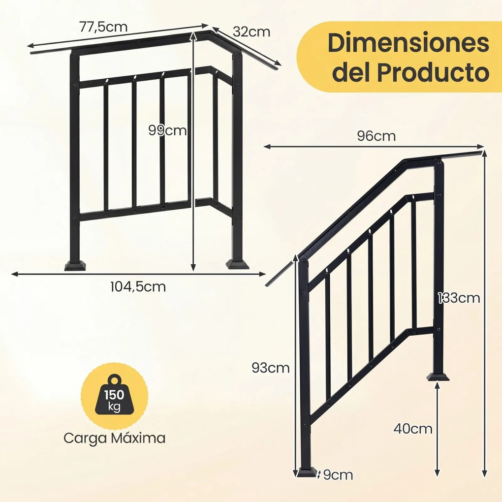 Conjunto de 2 Corrimãos de Proteção Lateral para Escadas, 96-104,5 x 9 x 133-99 cm, Ajustáveis, Preto