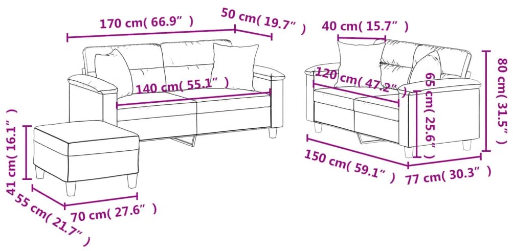 3 pcs conjunto sofás c/ almofadas tecido microfibra cor creme