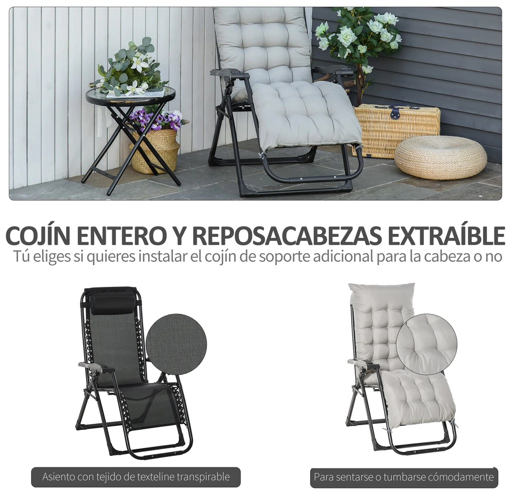 Outsunny Cadeira reclinável dobrável com almofada removível acolchoado de textilene Porta-copos para pátio jardim praia Carga 150 kg 90x65x110 cm Cinza