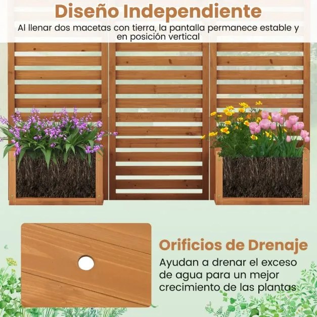 Biombo Cerca 157 x 50 x 168 cm decorativa Divisória separadora para exterior com 2 floreira com drenagem automática 3 painéis dobráveis Amarelo