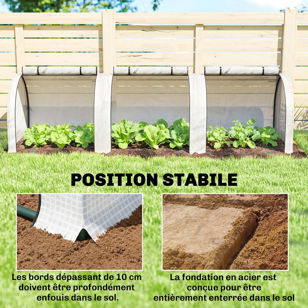 Mini-estufa de jardim para tomates 295 C x 100 L x 80 A cm Aço PE de alta densidade 140 g/m² Anti-UV 3 janelas Branca