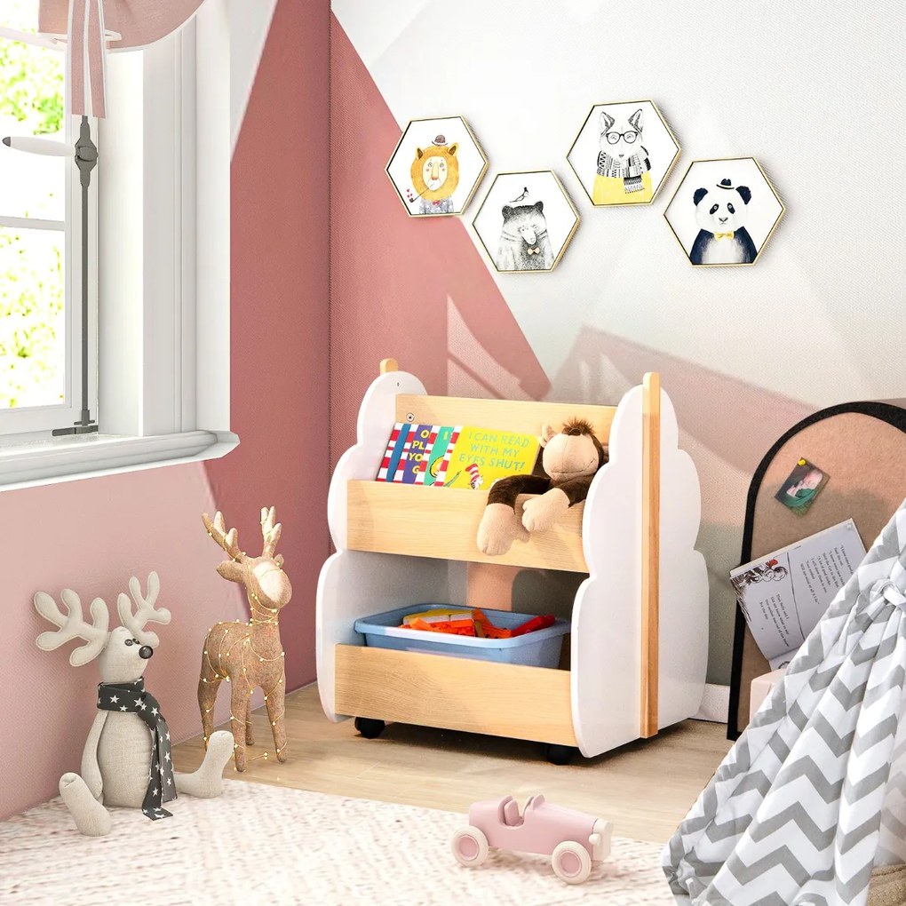 Estante de madeira para crianças com rodas Estante de brinquedos multifuncional de 2 níveis Organizador de livros 52 x 46 x 62,5 cm Branco