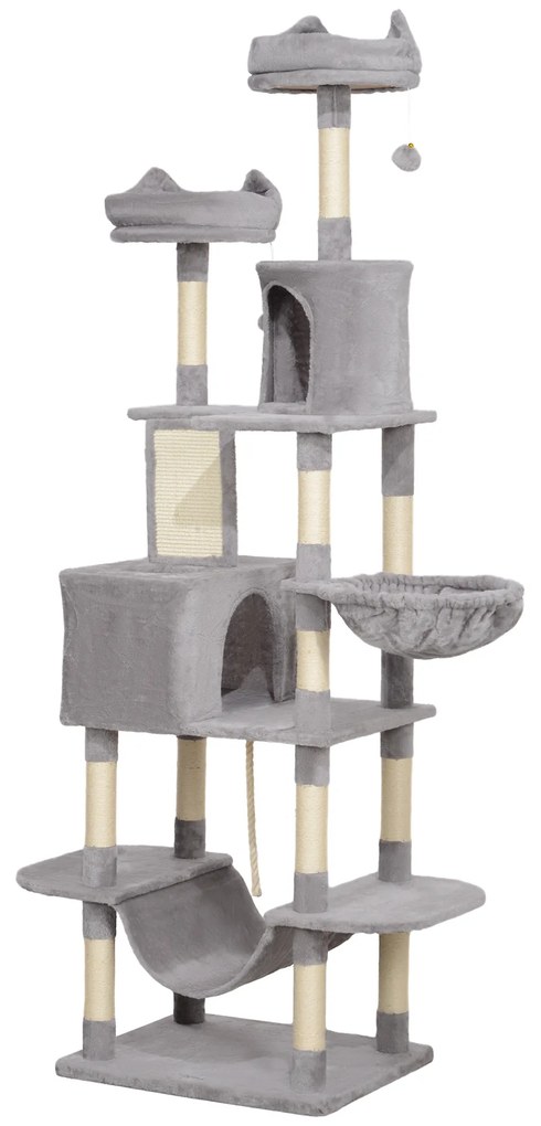 PawHut Arranhador para Gatos Grande Altura 173 cm Torre para Gatos com Plataformas Caverna Bolas Suspensa e Rede Cinza Claro