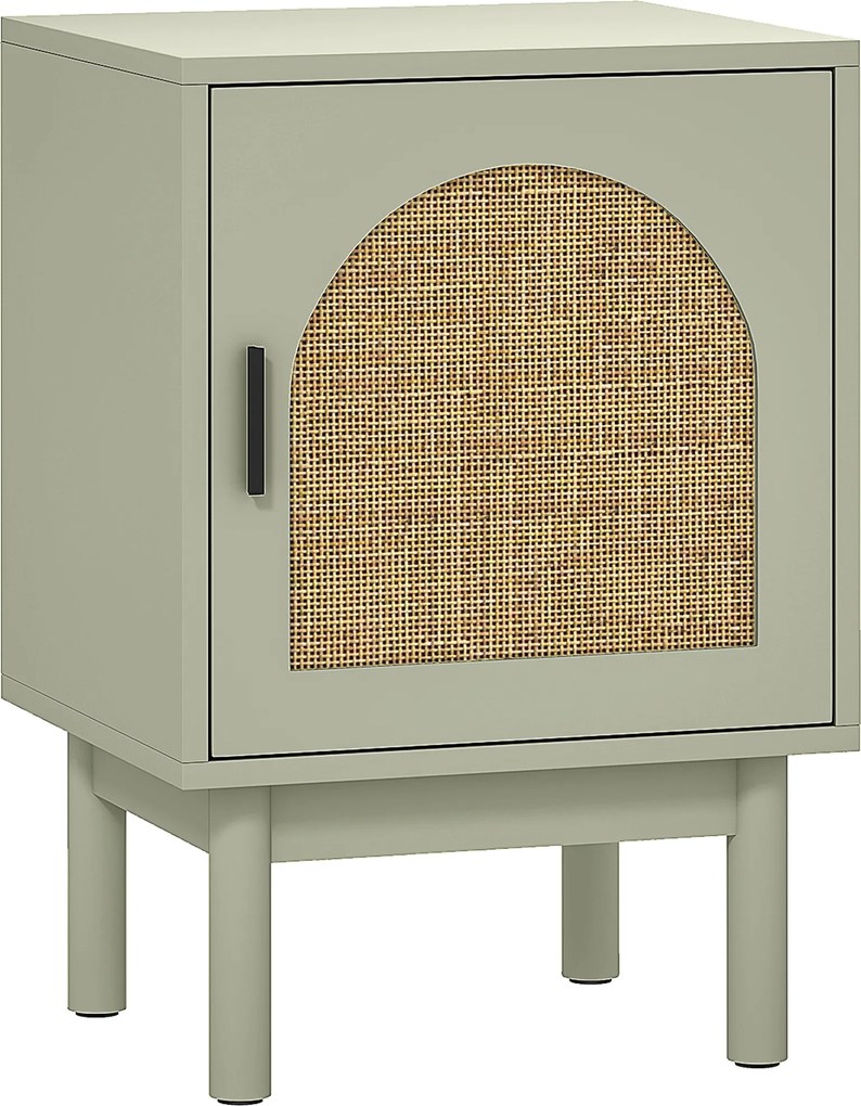 Mesa de Cabeceira com Porta de Vime Prateleira Ajustável e Pés de Madeira Estilo Boémio Mesa Auxiliar 40x35x58 cm Verde
