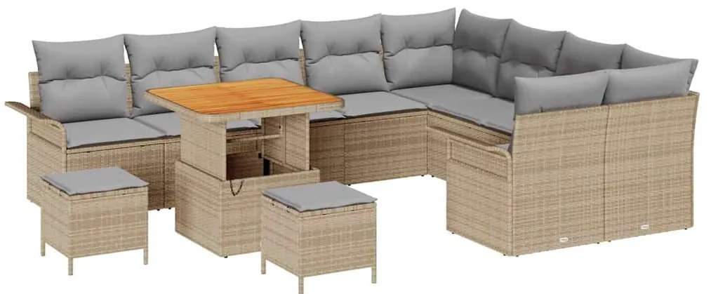 Conjunto de sofá de jardim com almofadas bege em poly rattan e acácia,