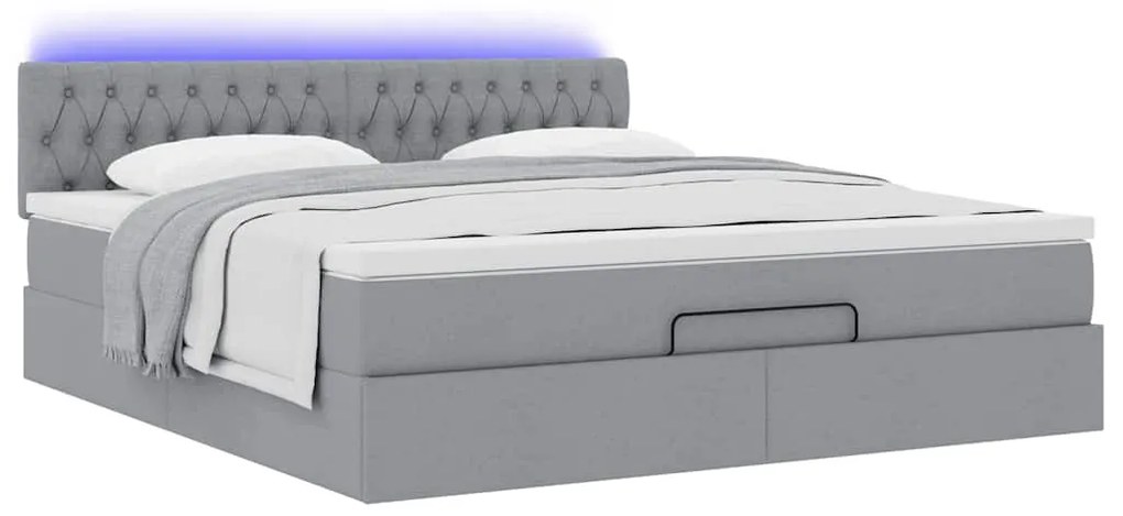 Cama Otomana com colchão &amp; LEDs 180x200cm tecido cinzento claro