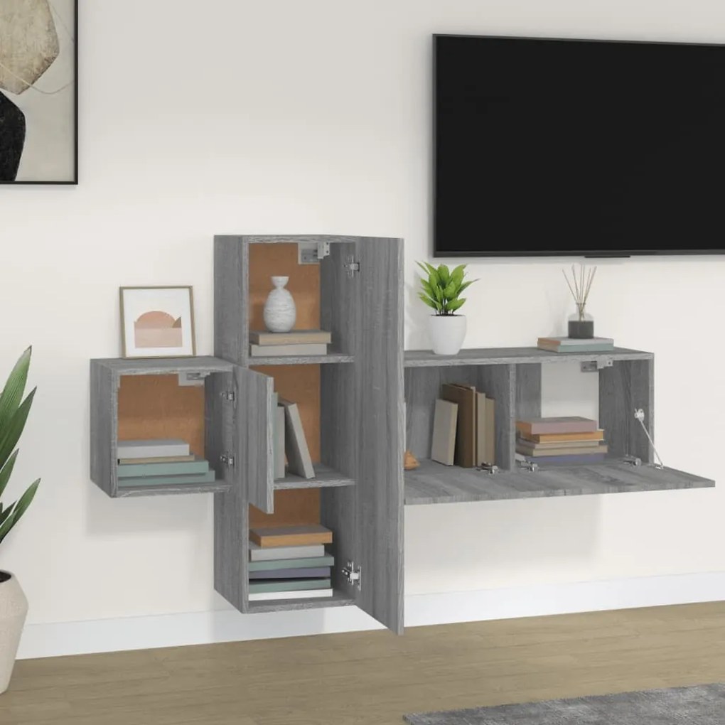 Conjunto móveis de TV 3 pcs madeira processada sonoma cinza