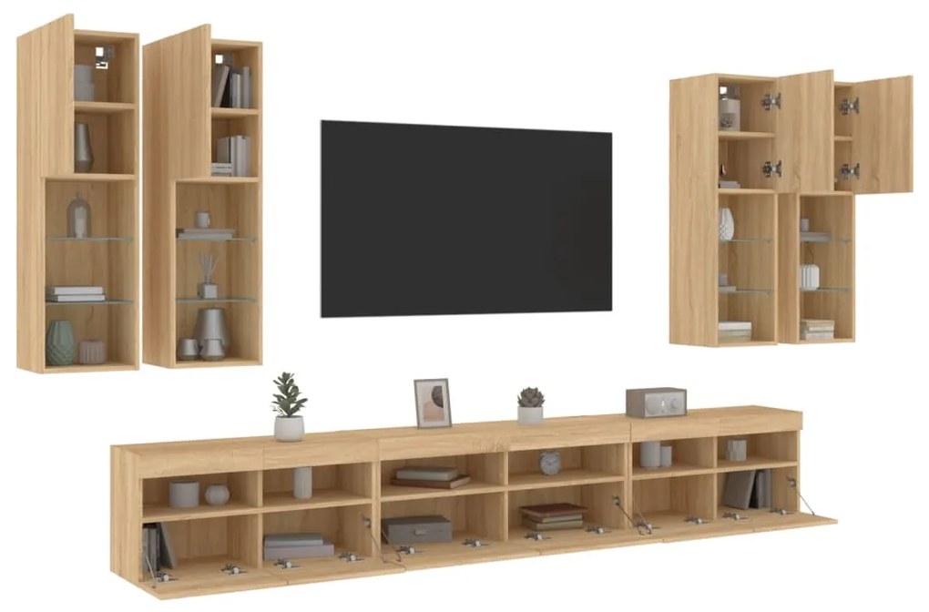 vidaXL 7 pcs conj. móveis de parede p/ TV c/ luzes LED carvalho sonoma