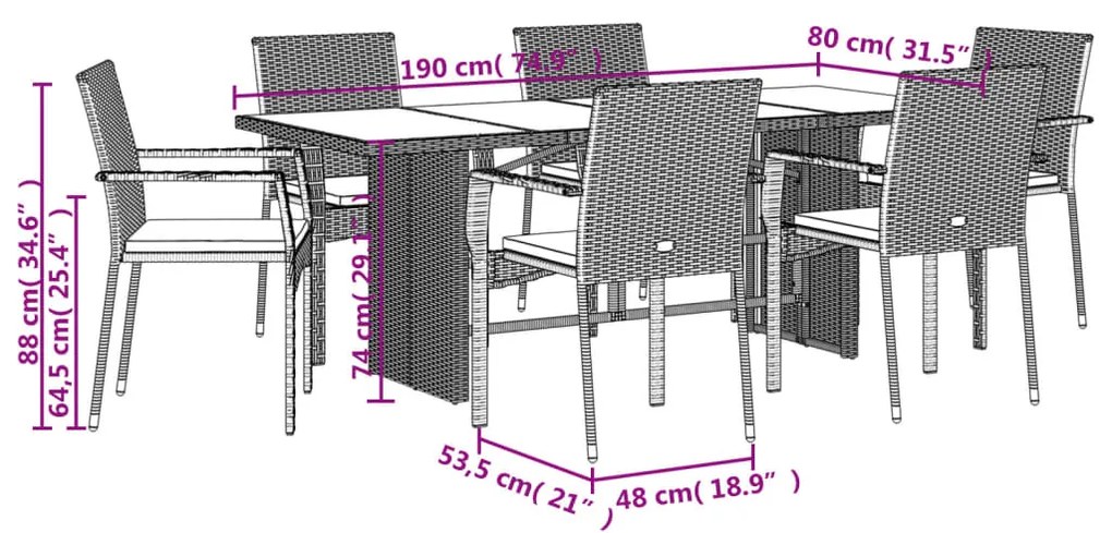 7 pcs conjunto de jantar p/ jardim c/ almofadões vime PE cinza