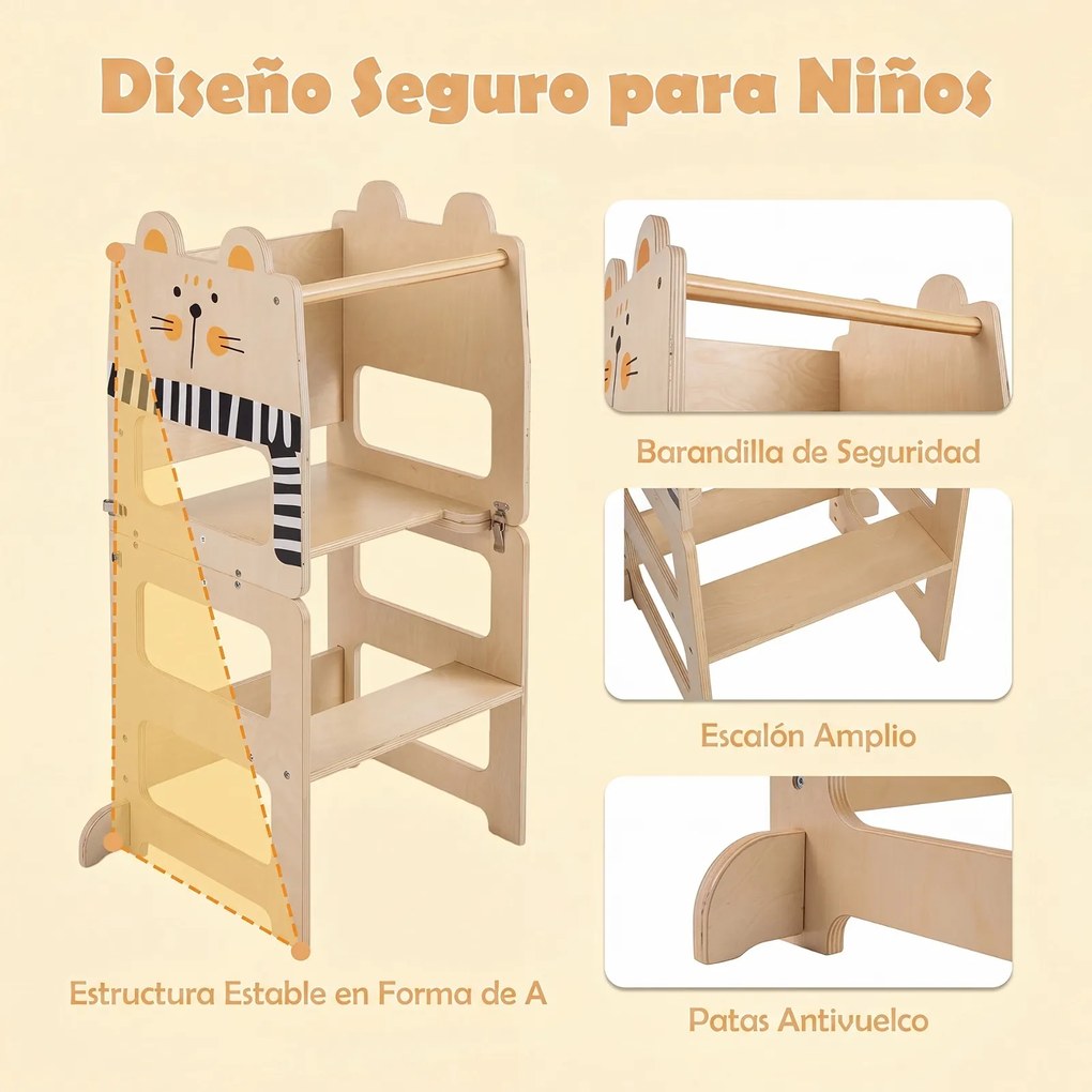 Torre de Aprendizagem Infantil 3 em 1, 63 x 39 x 93,5 cm, Convertível em Secretária e Banco, Natural
