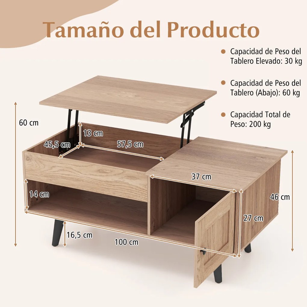 Mesa de centro 100 x 50 x 46 cm com tampo elevável e arrumação rebatível com compartimento oculto e estante para sala de estar natural