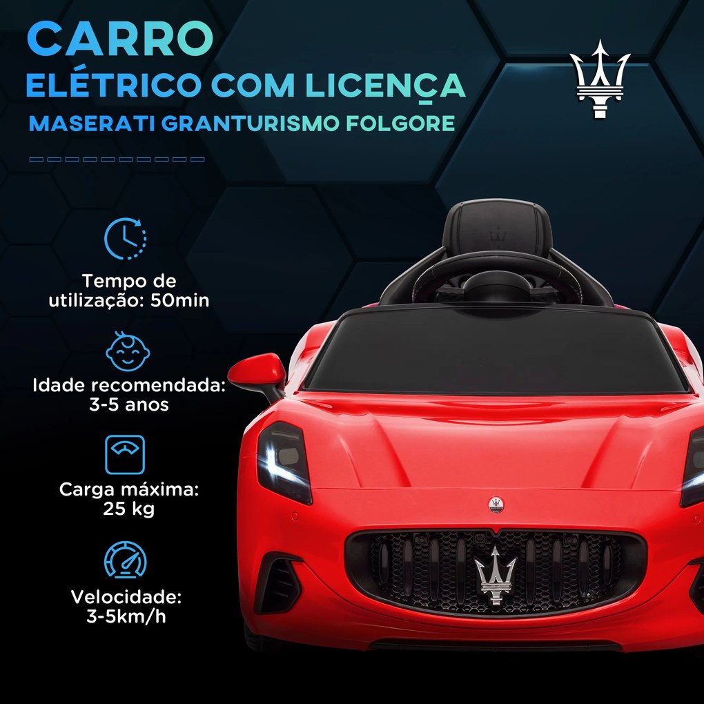 Carro Elétrico para Crianças Maserati Gran Turismo Folgore 12V Controlo Remoto Faróis Buzina e Música MP3 98x59x43 cm Vermelho