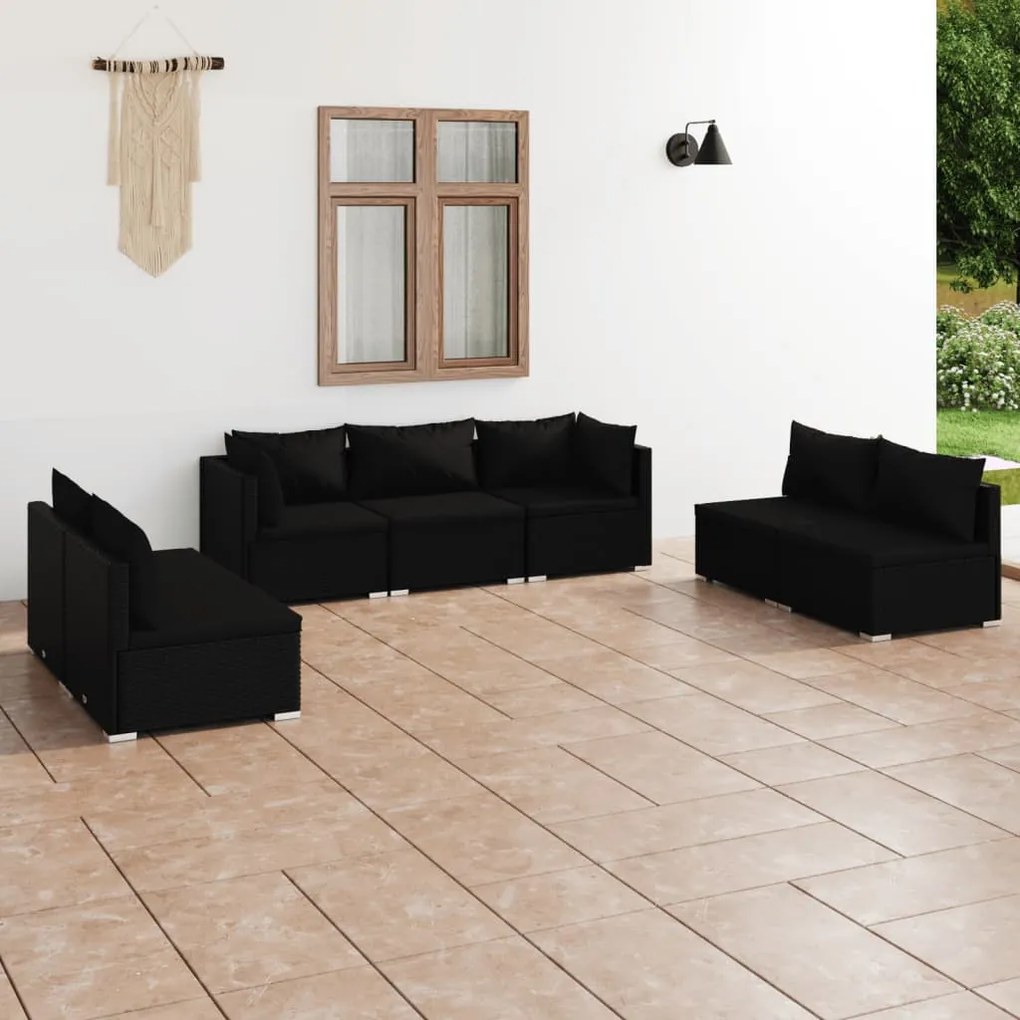 7 pcs conjunto lounge de jardim c/ almofadões vime PE preto