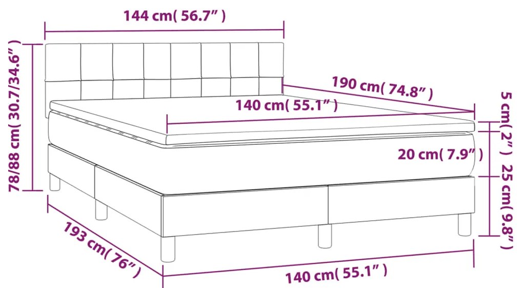 Cama box spring c/ colchão e LED 140x190 cm tecido preto