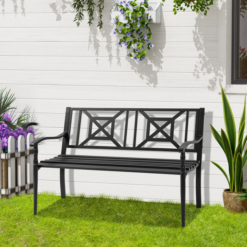 Outsunny Banco de Jardim de 2 Lugares Banco de Exterior de Aço com Apoio para os Braços e Encosto Decorativo para Terraço Varanda Pátio Carga 280kg 128x62,5x81,5cm Preto