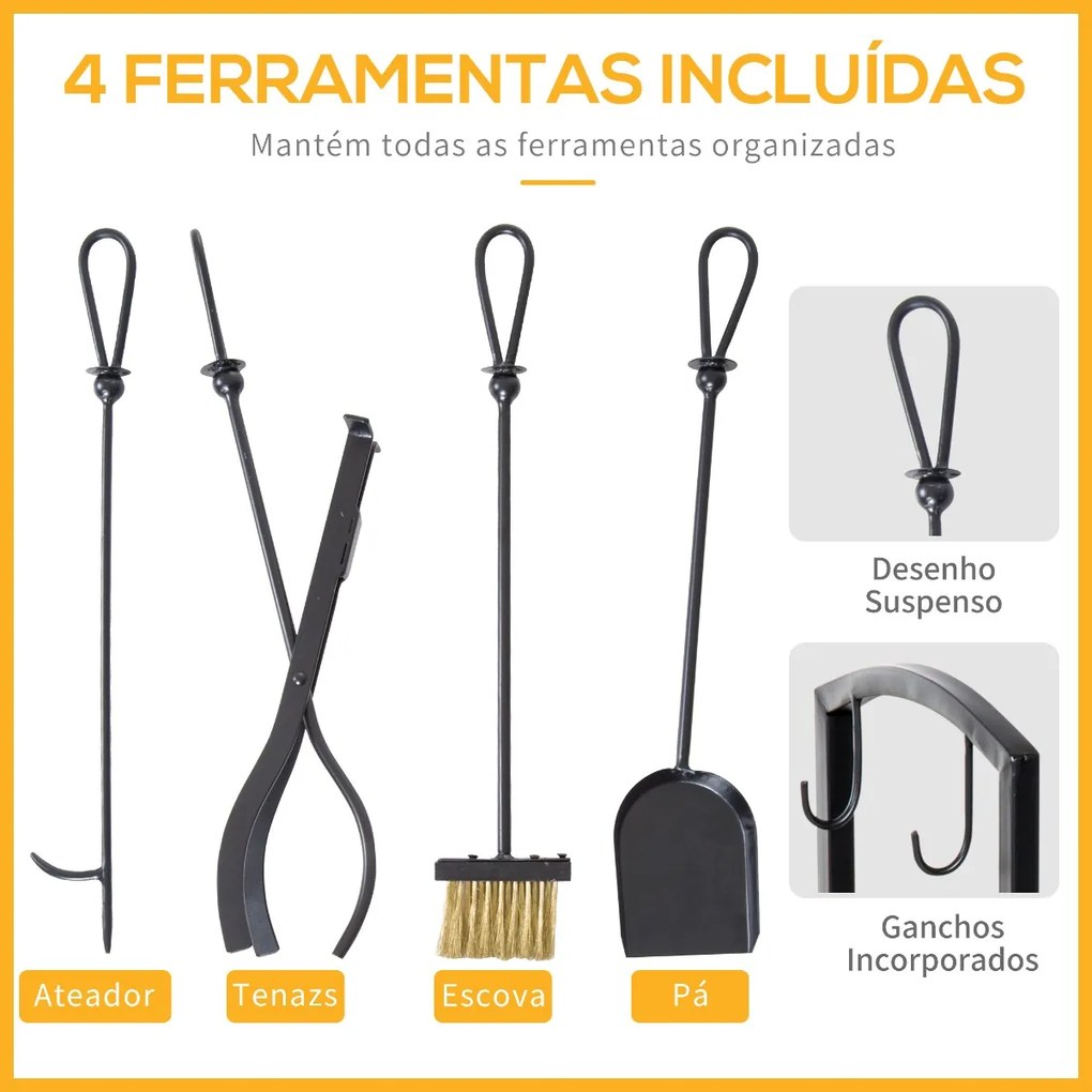 Suporte para Lenha de 2 Níveis Porta Lenha Exterior e Interior Metálico com 4 Ferramentas para Lareira Carga Máx. 100kg 40x30x74,5cm Preto