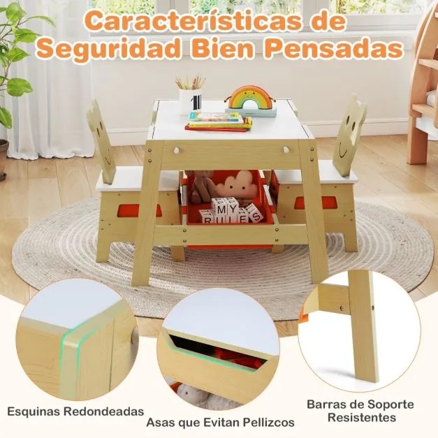 Conjunto de Mesa e 2 cadeiras infantil Secretária 5 em 1 com superfície reversível Quadro branco e preto 4 ganchos Compartimentos Natural