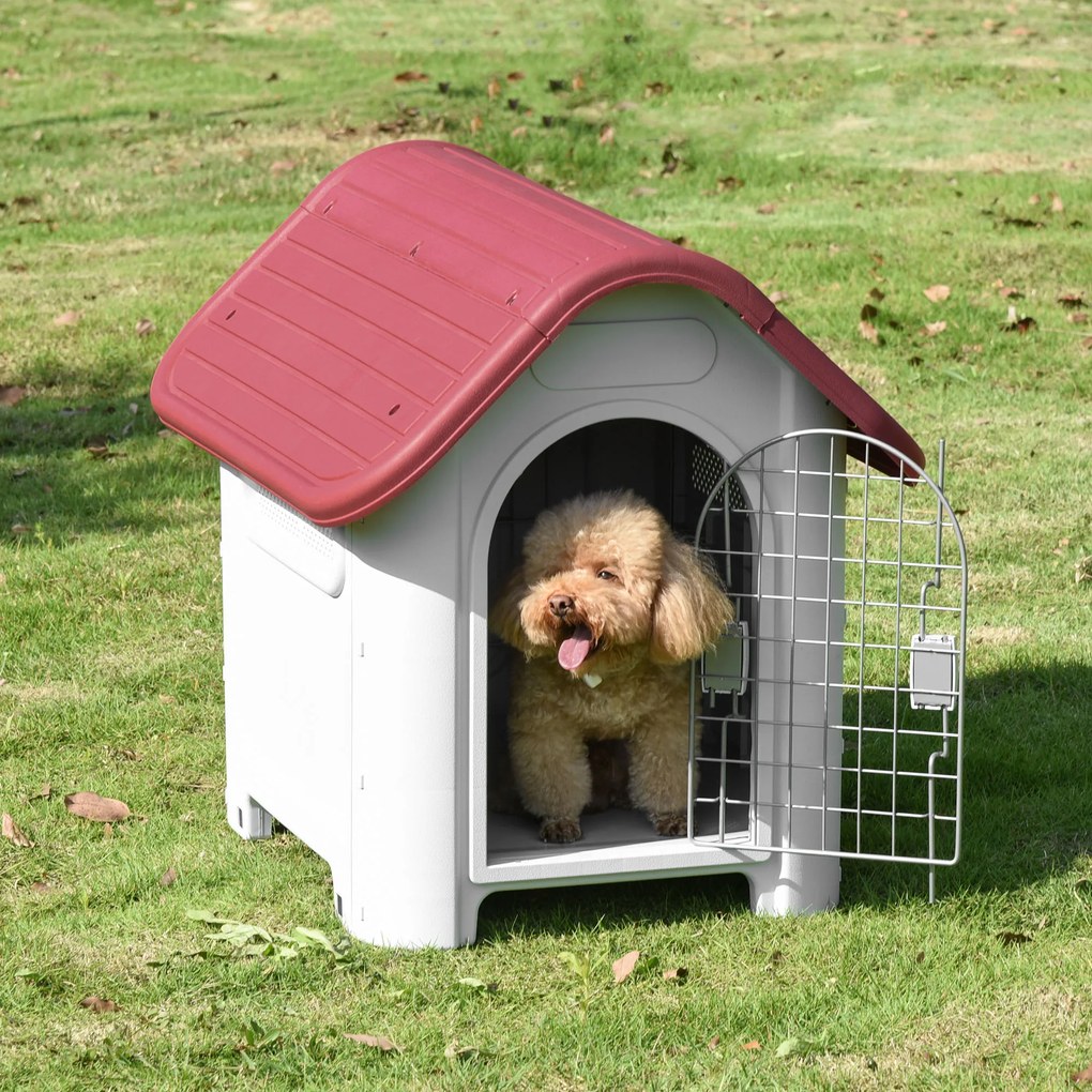 Casota para Cães com Porta Removível Base Elevada 3 Respiradouros e Janela Casota de Cães para Interior e Exterior 59x75x66cm Cinza e Vermelho