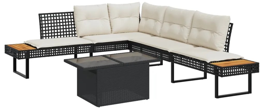2 pcs conj. sofás p/ jardim c/ almofadões vime PE e vidro preto