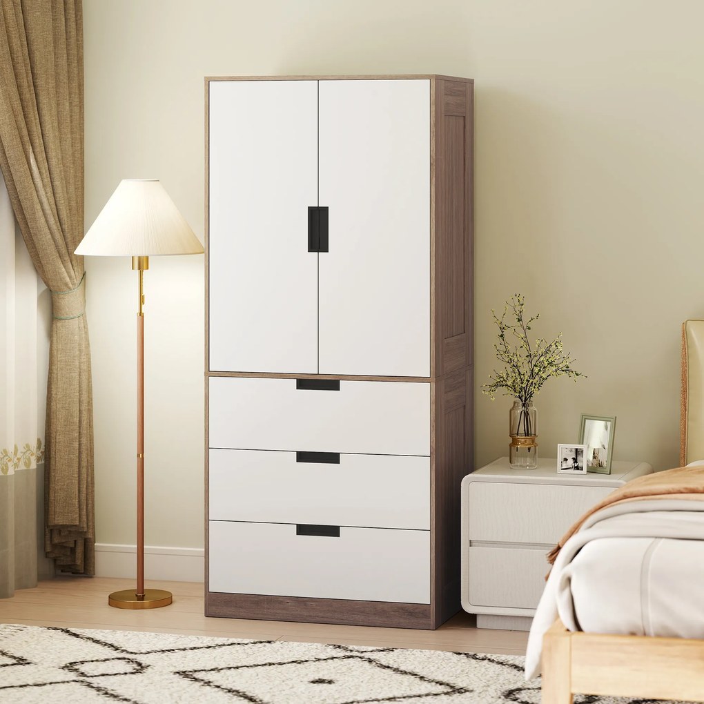 Guarda Roupa de 2 portas, armário moderno com 3 gavetas e varão para pendurar roupa, para quarto, castanho