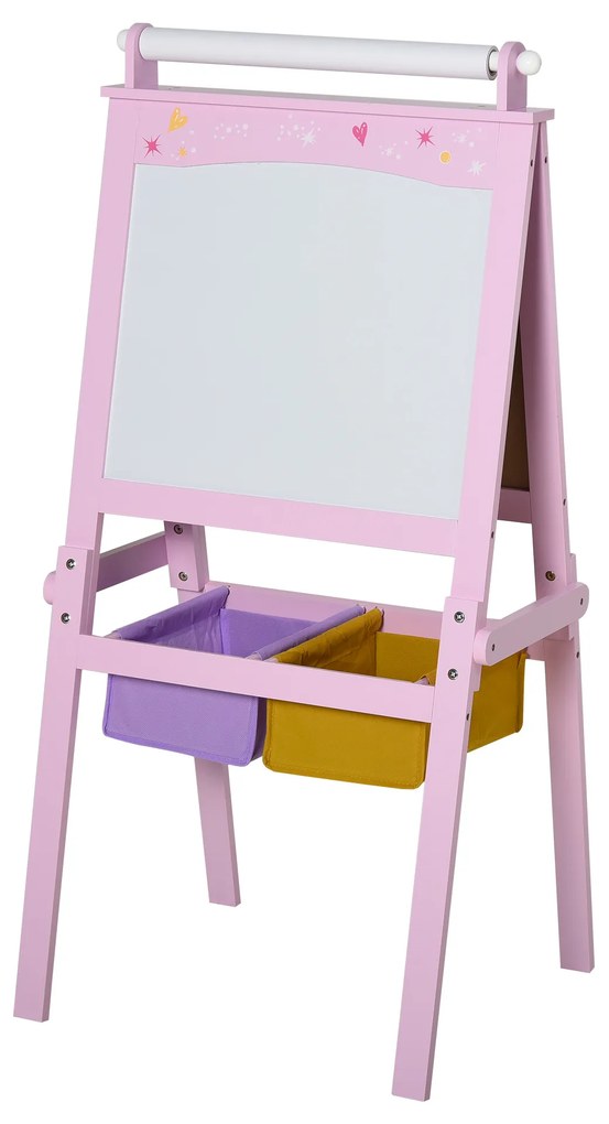 HOMCOM Cavalete Infantil 3 em 1 Cavalete de Arte para Crianças com Quadro Rolo de Papel e 2 Cestos 58,5x50,5x118 cm Rosa | Aosom Portugal