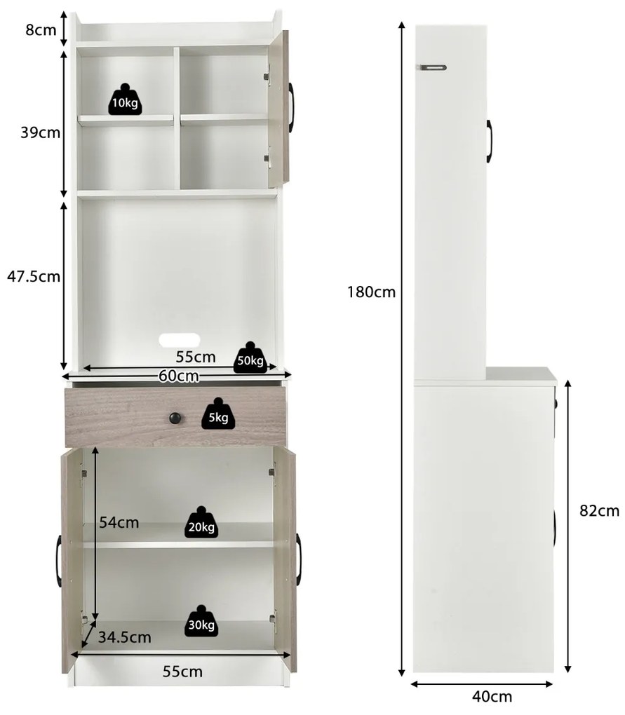 Armário de cozinha com 3 portas, despensa, gaveta, escorredor de roupa, prateleiras reguláveis, amplo espaço aberto para micro-ondas, branco