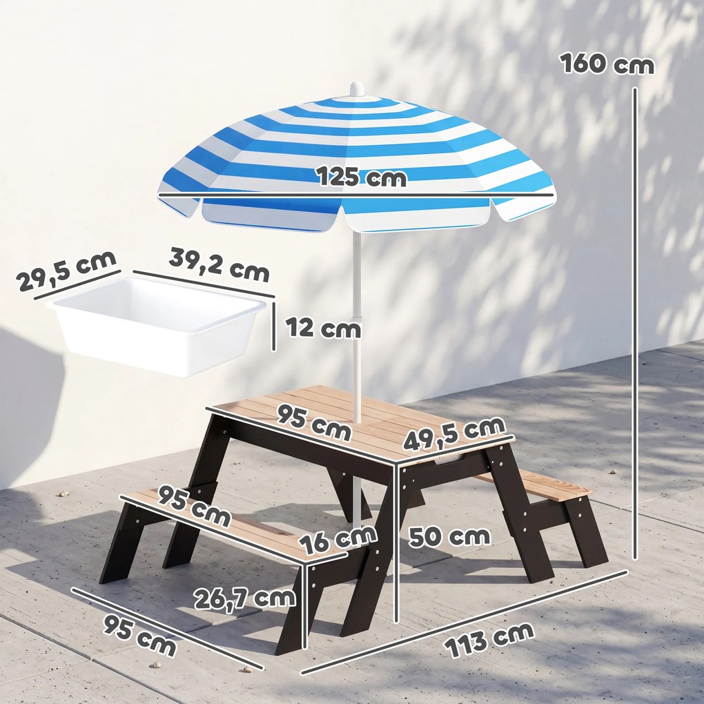 Mesa de piquenique infantil com guarda-sol, conjunto de jardim 3 em 1 em madeira para crianças dos 3 aos 6 anos com 2 caixas, natural