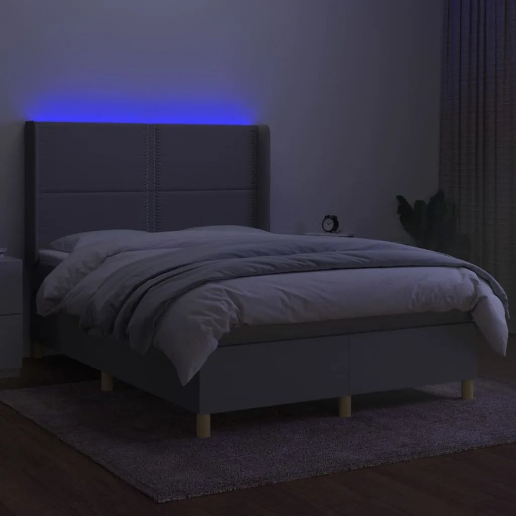 Cama box spring c/ colchão e LED 140x200 cm tecido cinza-claro