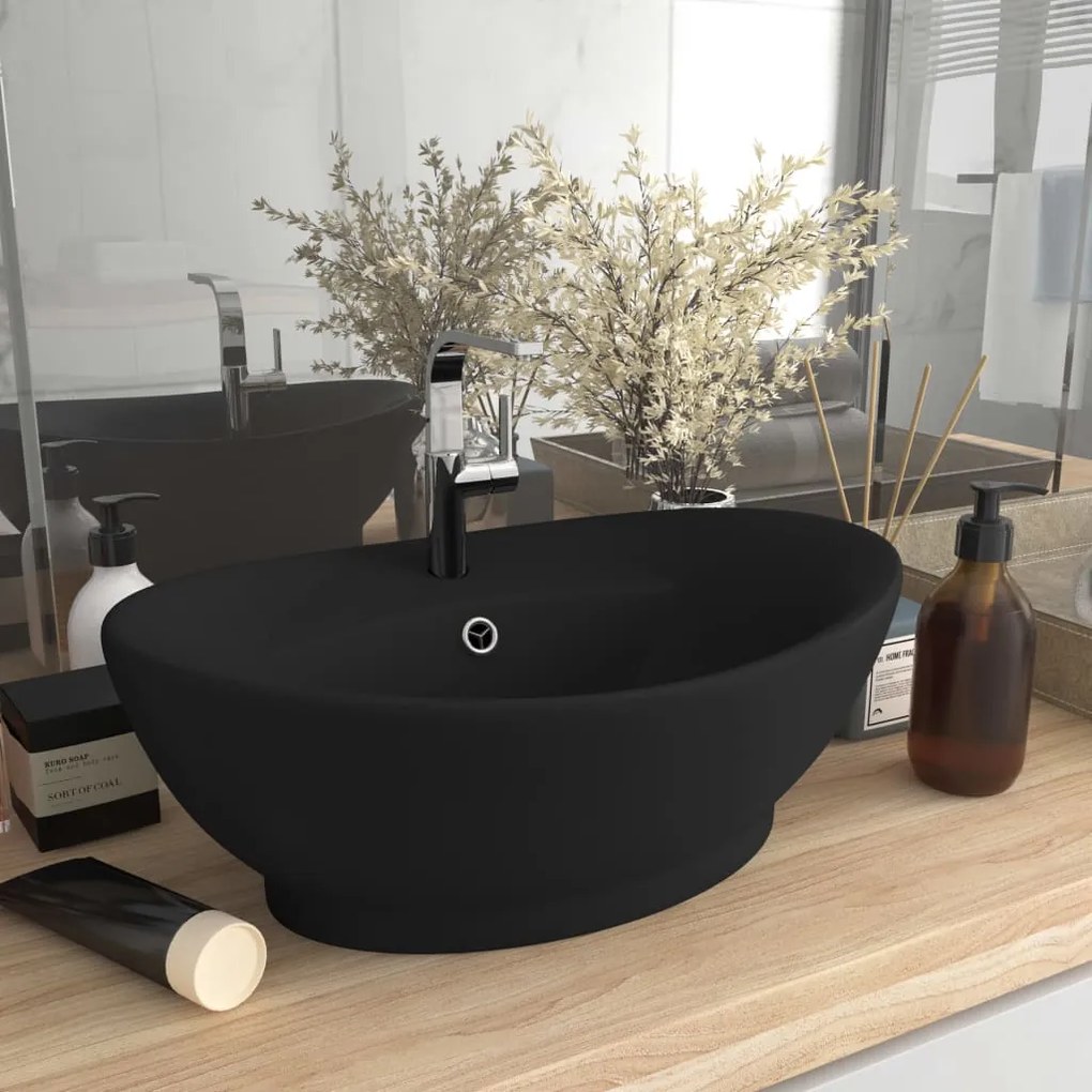 146942 vidaXL Lavatório luxuoso oval 58,5x39 cm cerâmica preto mate