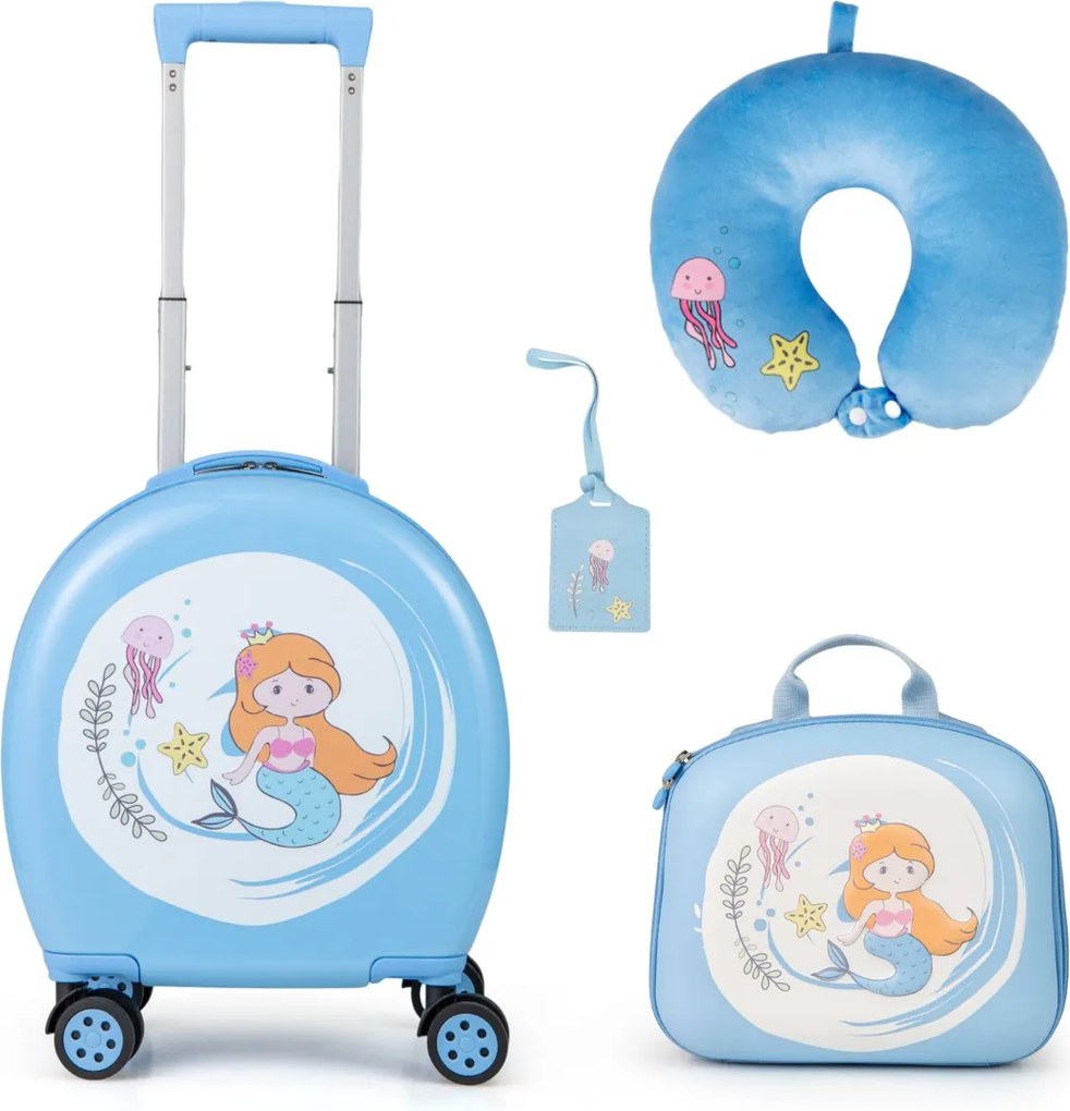 Conjunto de 4 peças malas viagem para crianças com bagagem de mão sobre rodas Mochila Almofada de pescoço e Etiqueta de bagagem azul