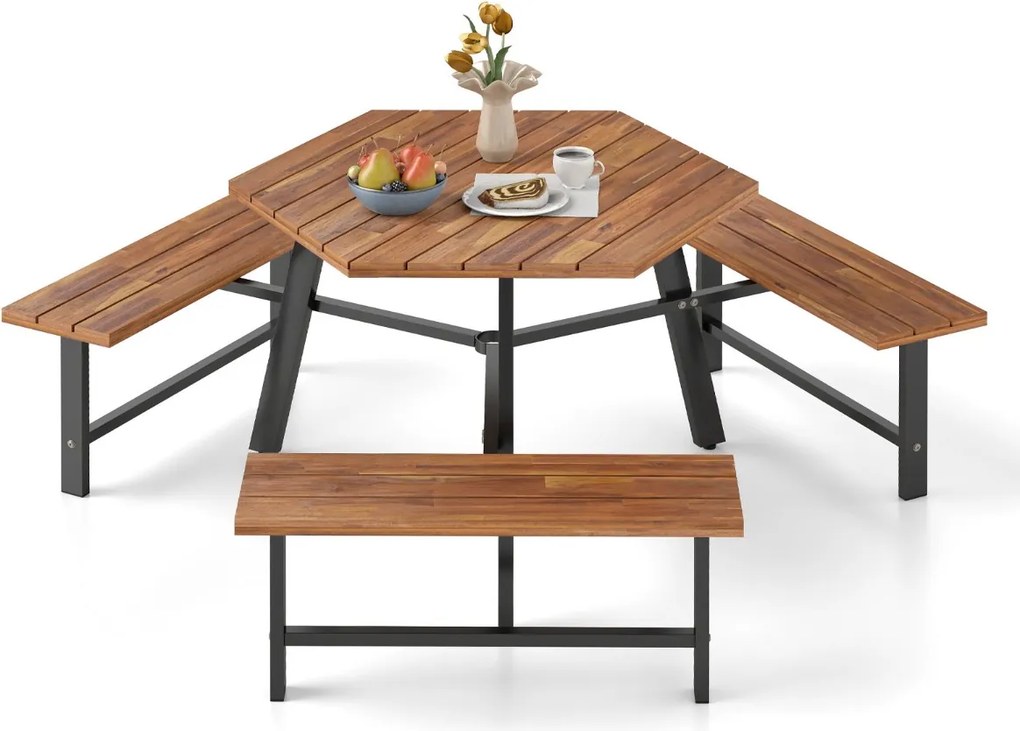 Conjunto de mesa e bancos para 6 pessoas em madeira de acácia com 3 assentos, orifício para guarda-sol e estrutura metálica castanha e preta