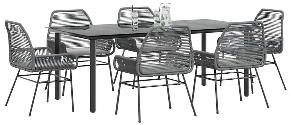 Conjunto jantar jardim 7 peças almofadas vidro vime cinzento PE