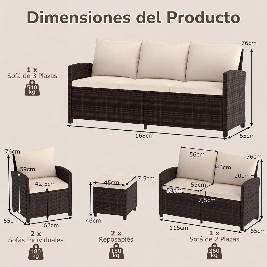 Conjunto de 6 Peças de Mobiliário de Jardim, 2 Sofás, 2 Poltronas e 2 Apoios de Pés, Almofadas Removíveis, Castanho e Bege